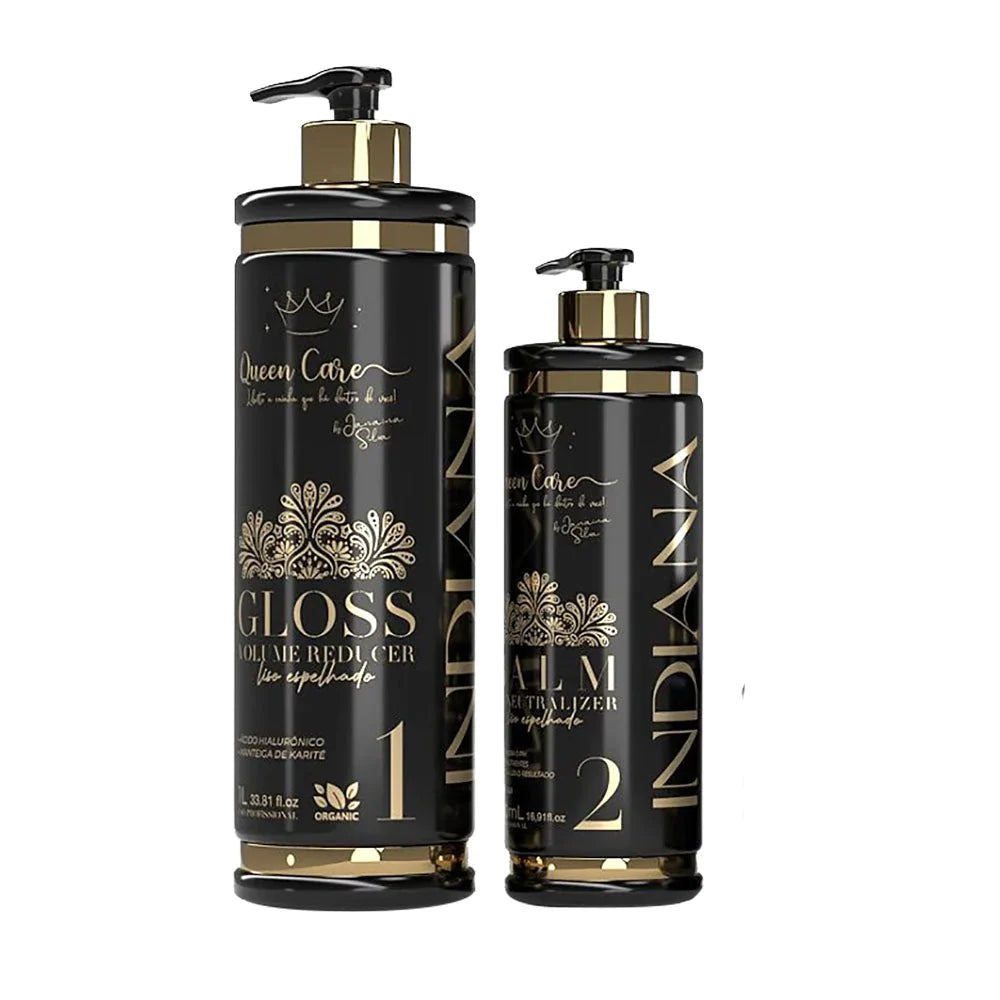 Queen Care Indiana Gloss 2-Step Kit – Volume Reducer & Smooth Hair Treatment, Progressive Straightening 500 ml + 1 L (ORIGINAL)