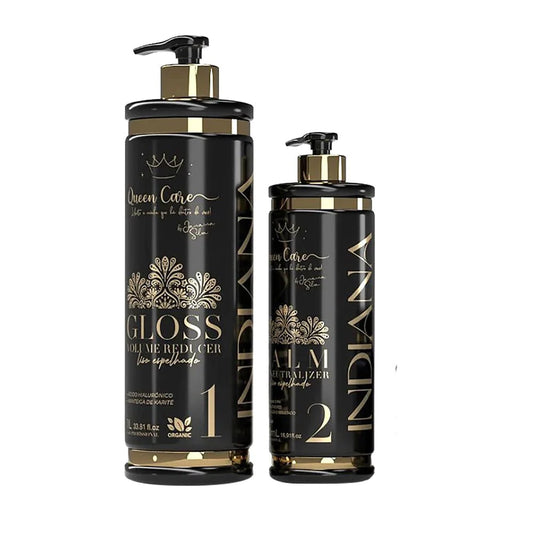 Queen Care Indiana Gloss 2-Step Kit – Volume Reducer & Smooth Hair Treatment, Progressive Straightening 500 ml + 1 L (ORIGINAL)